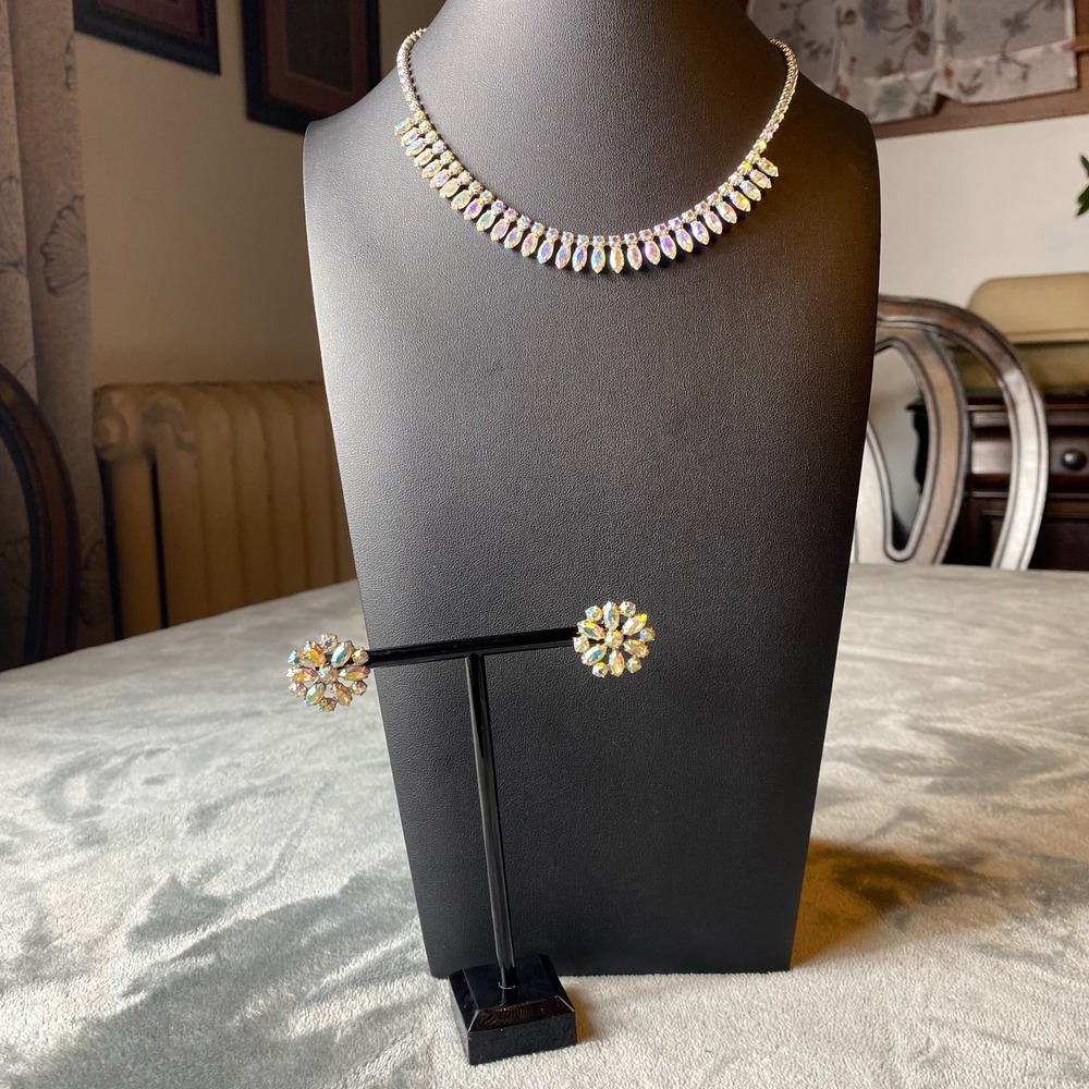 Vintage B. David Aurora Borealis Rhinestone Necklace & Earrings, 1960s Jewelry